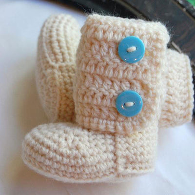 Baby Cream Booties (Blue Buttons)