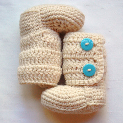 Baby Cream Booties (Blue Buttons)